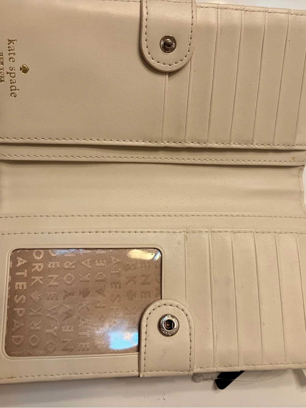 kate spade Black Patent Polka Dot Long Wallet with Tan Logo Plaque